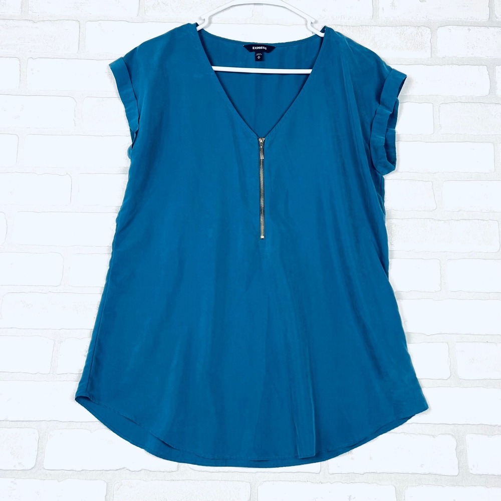 Express Women Teal Blue V-Neck Half Zip Cuffed Short Sleeve Blouse Top Medium